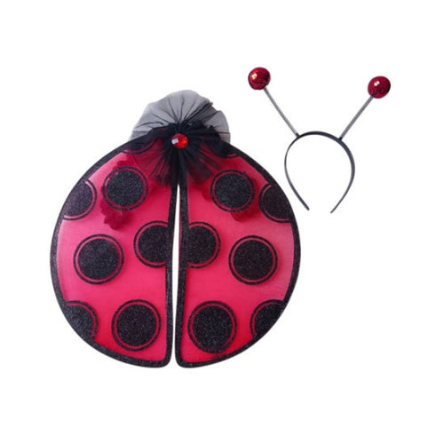 Ladybug costume accessory set featuring a red and black wing-shaped piece with black polka dots, a gray tulle top, and a black headband with red antennae on a white background.