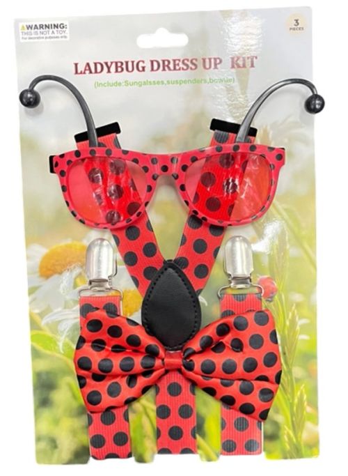 Ladybug-themed dress up kit with sunglasses, bow tie, and suspenders on a clear background.