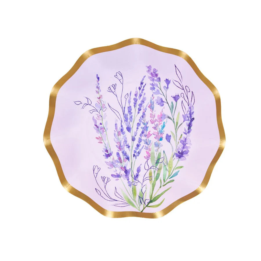 Decorative plate with lavender design and gold rim on a white background