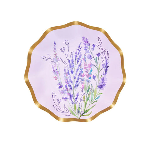 Decorative plate with lavender design and gold rim on a white background