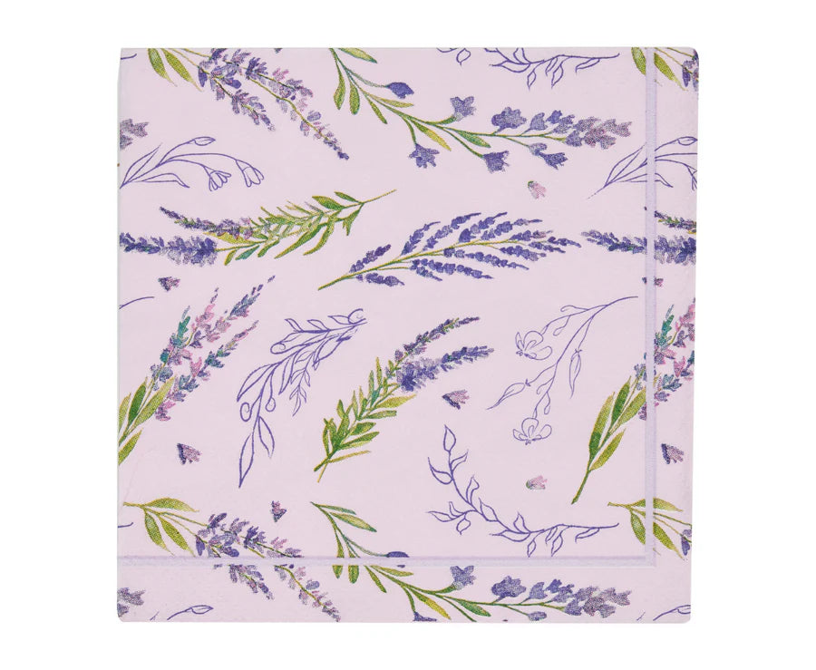 Floral patterned fabric with lavender and green leaves on a light purple background