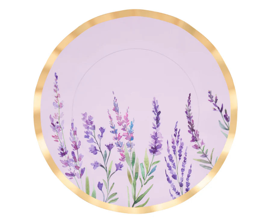 Round purple plate with lavender design and gold rim on a white background