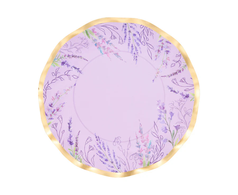 Round purple plate with floral pattern on a white background