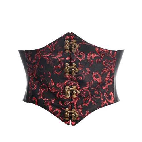 Black and red patterned corset with gold buttons on a white background