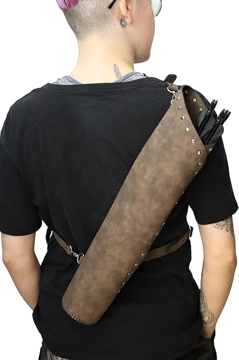 Person wearing a brown leather quiver on their back with arrows.
