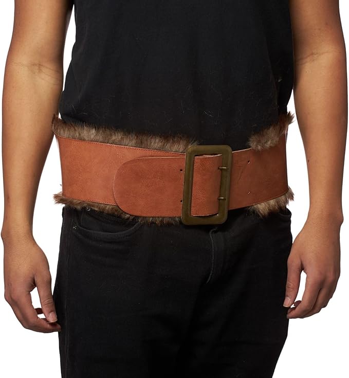 Person wearing a brown belt with fur trim and a large buckle on a white background