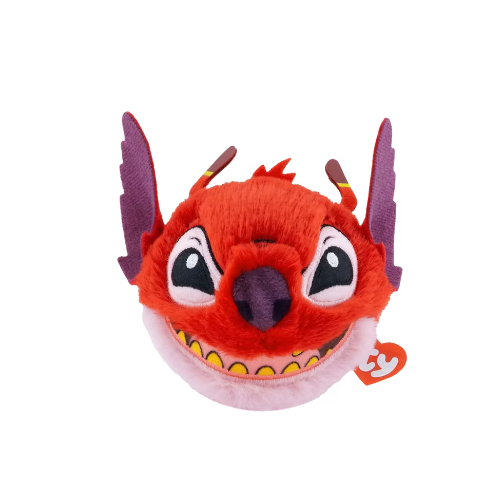 Red plush toy with purple ears and a white patch on a transparent background
