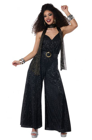Woman wearing a black sequin jumpsuit with a belt on a white background