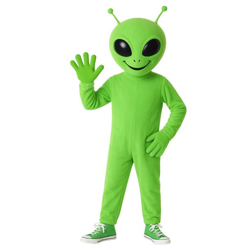 A child wearing a bright green alien costume with a large head, two antennae, black eyes, a smiling face, and matching green gloves, standing against a plain white background.