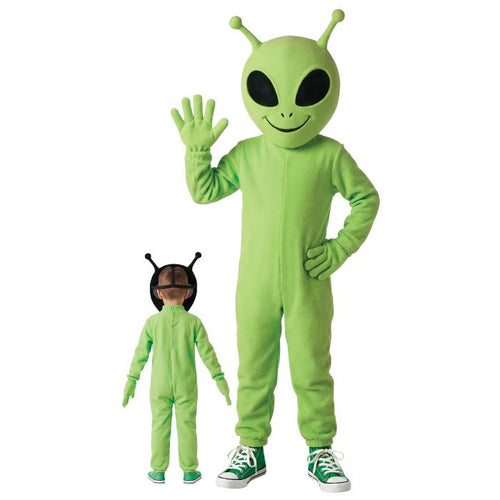 A green alien costume shown on two models, one as an adult and one as a child, against a plain white background. The costume includes a head with large black eyes and antennae, a green body, gloves, and sneakers.