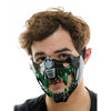 Person wearing a futuristic mask with green accents on a white background