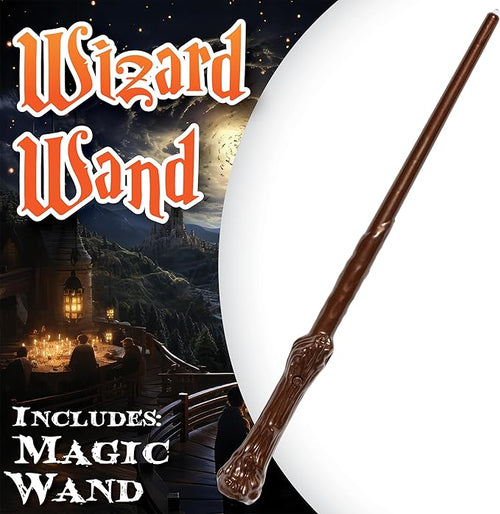 Wooden wizard wand with a fantasy scene in the background