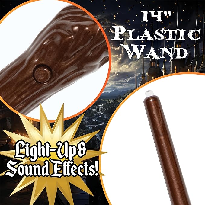 14-inch plastic wand with light-up and sound effects, shown against a scenic background.