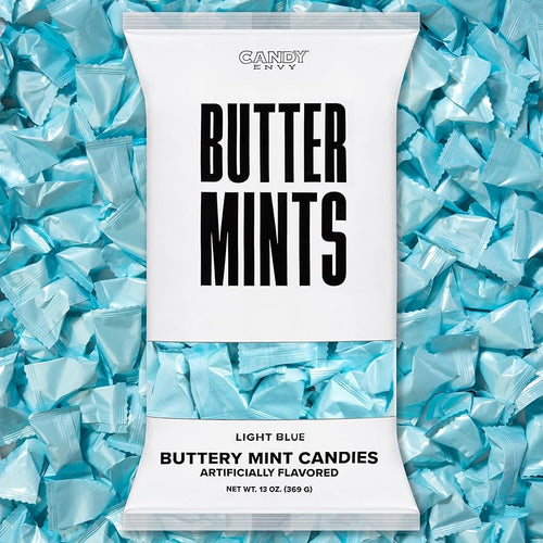 Candy Envy Butter Mints packaging on a bed of blue candy pieces