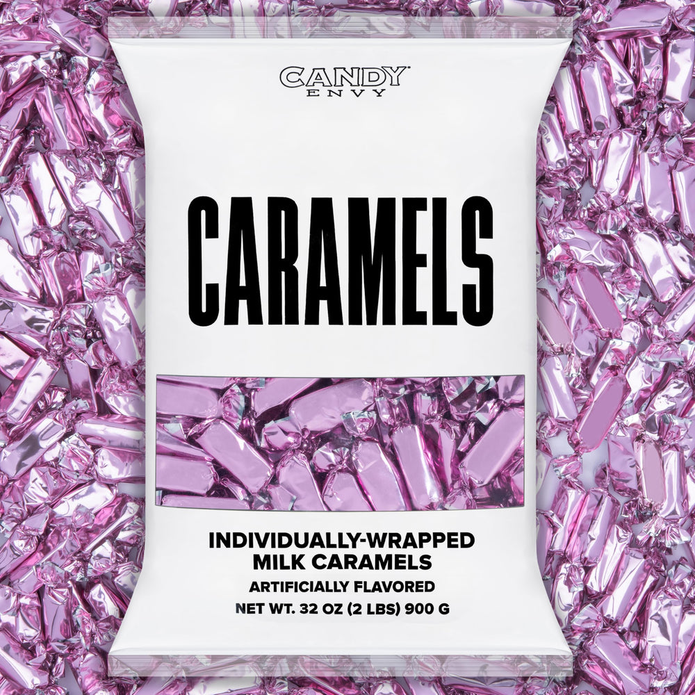 Candy Envy caramels packaging on a pink candy background