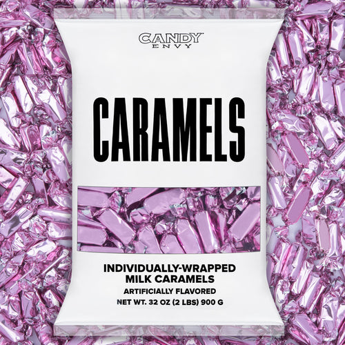 Candy Envy caramels packaging on a pink candy background