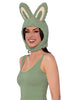 Woman wearing a green bunny hat on a white background