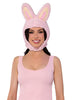 Woman wearing a pink bunny hat on a white background