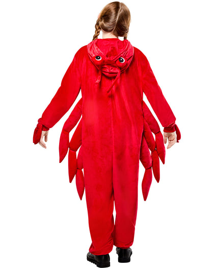 Person wearing a red lobster costume on a white background