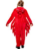 Person wearing a red lobster costume on a white background