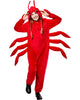 Child wearing a red lobster costume on a white background