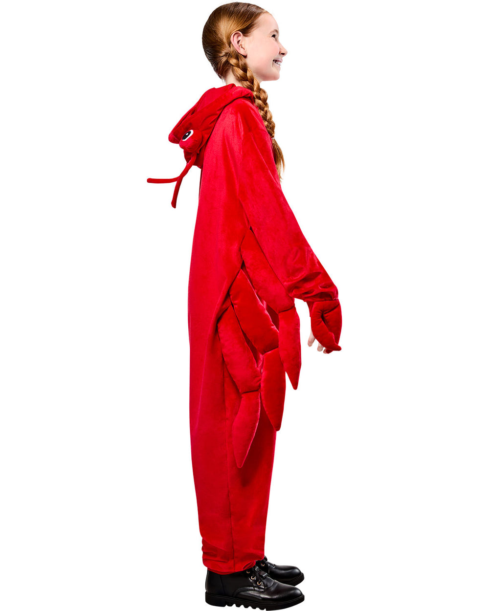 Person wearing a red onesie with a hood on a white background