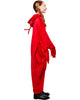 Person wearing a red onesie with a hood on a white background