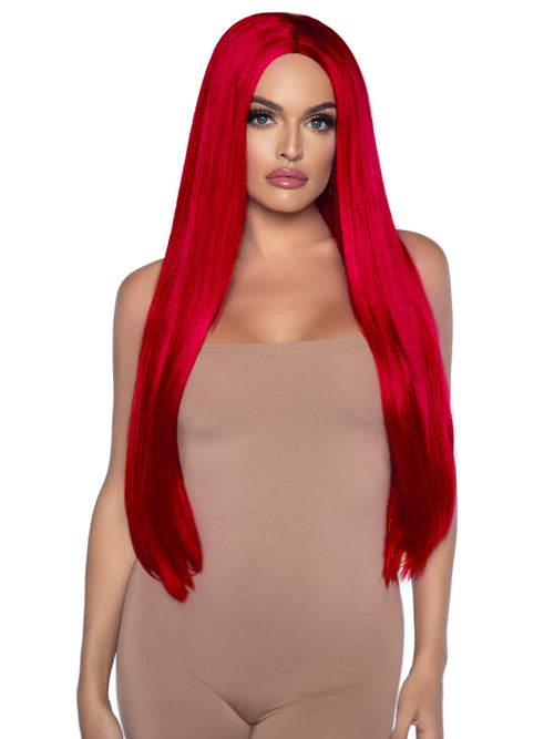 Woman wearing a red wig on a white background