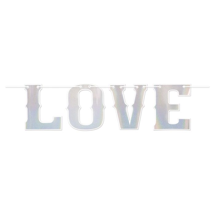 Iridescent 'LOVE' banner on a white background