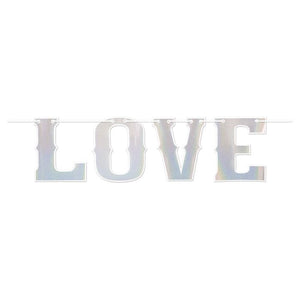 Iridescent 'LOVE' banner on a white background