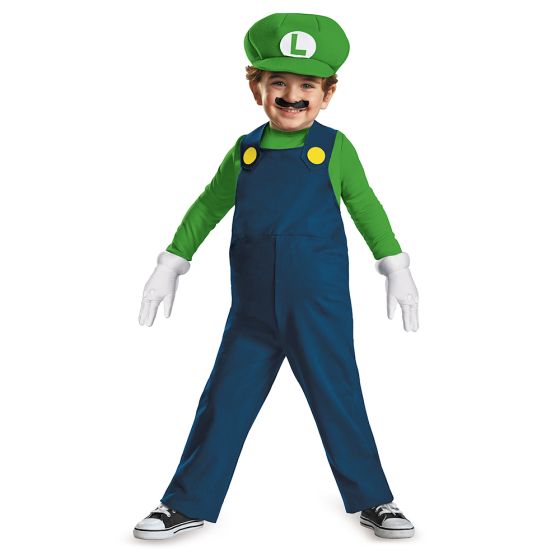 Child wearing a Luigi costume with green hat, blue overalls, and green shirt on a white background