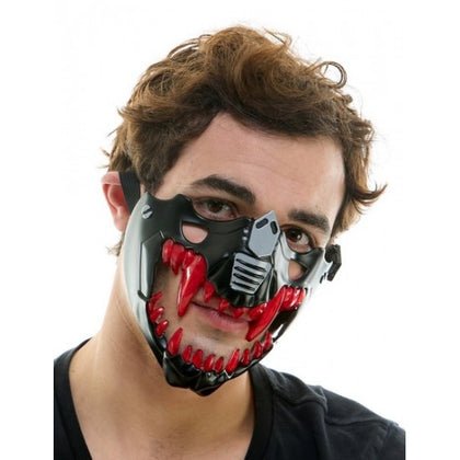Light-Up Black Cyberpunk Mask with Red Fangs