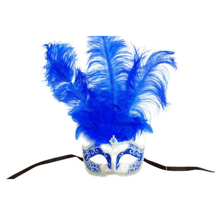 Black & Silver Venetian Eye Mask with Feathers | Blue & Silver