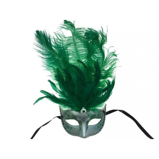 Green & Silver Venetian Eye Mask with Feathers