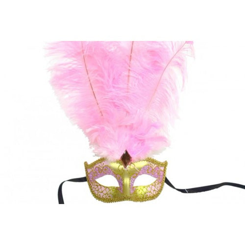 Venetian Eye Mask with Feathers | Pink & Gold