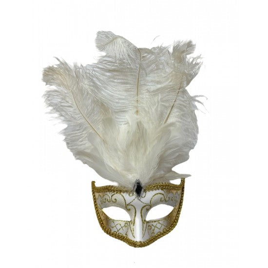 White & Gold Venetian Eye Mask with Feathers