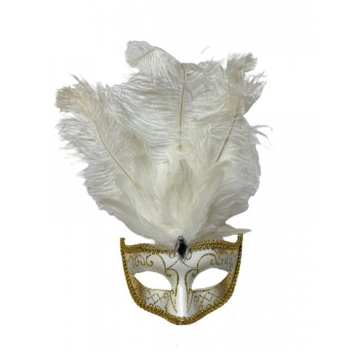 White & Gold Venetian Eye Mask with Feathers