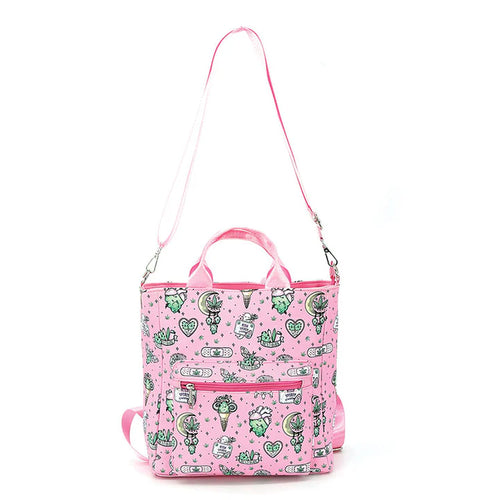 Pink tote bag with green pattern on a white background