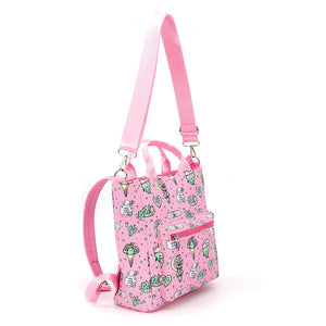 Pink backpack with a pattern on a white background