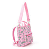 Pink backpack with a pattern on a white background