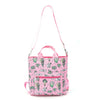 Pink tote bag with green pattern on a white background