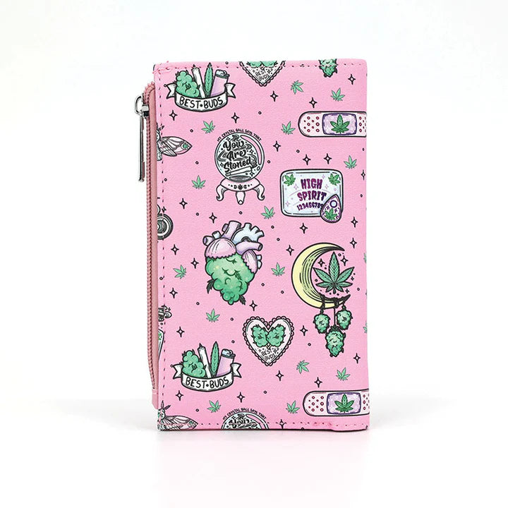 Pink wallet with green and black graphics on a white background