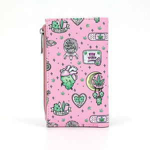 Pink wallet with green and black graphics on a white background