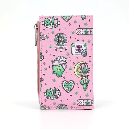 Pink wallet with green and black graphics on a white background