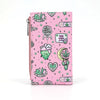 Pink wallet with green and black graphics on a white background