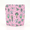 Pink pouch with green and black illustrations on a white background