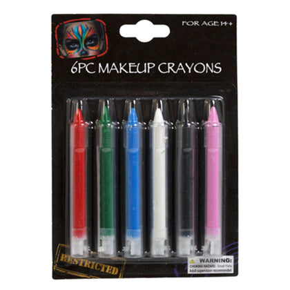 Pack of 6 makeup crayons with colorful tips on a black background