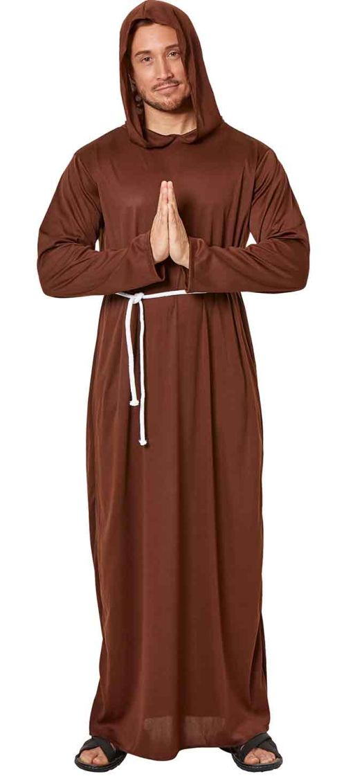 Person wearing a brown monk costume with a hood on a white background