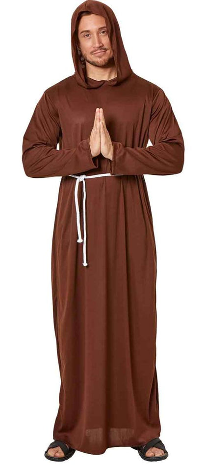 Person wearing a brown monk costume with a hood on a white background