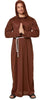 Person wearing a brown monk costume with a hood on a white background